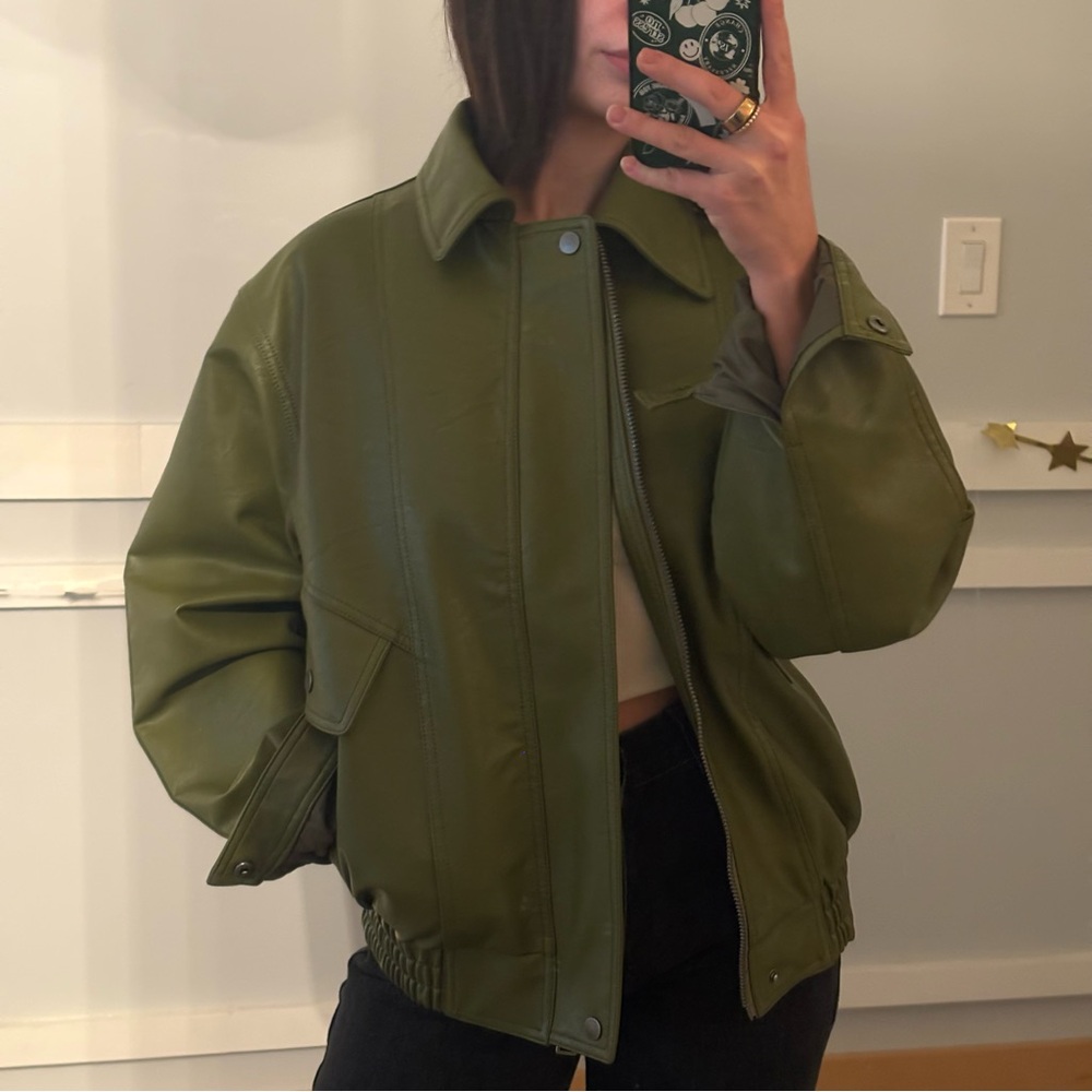 Topshop Olive Green Leather Jacket